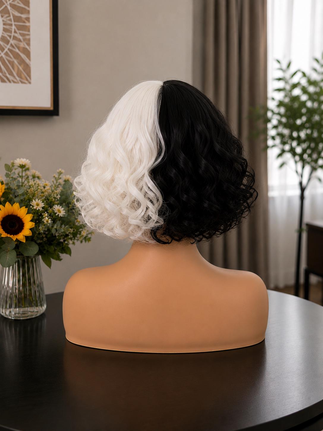 DeVille | Split Dye Black & White Curly Bob Wig