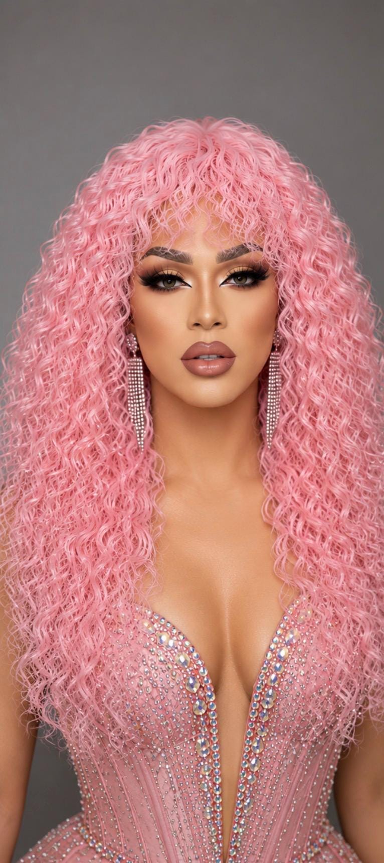 Pink Dream | Pastel Pink Curly Synthetic Wig with Bangs