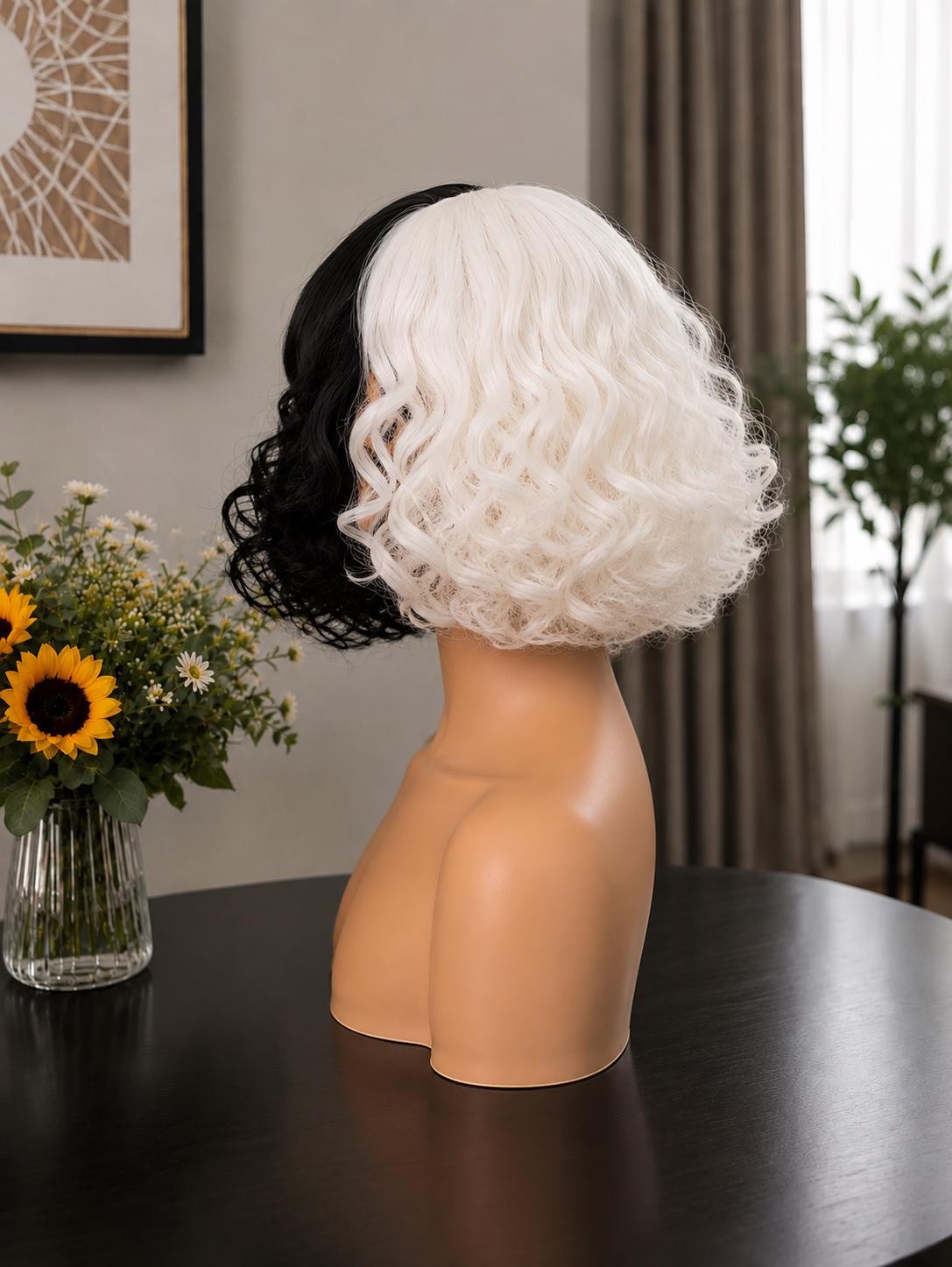 DeVille | Split Dye Black & White Curly Bob Wig