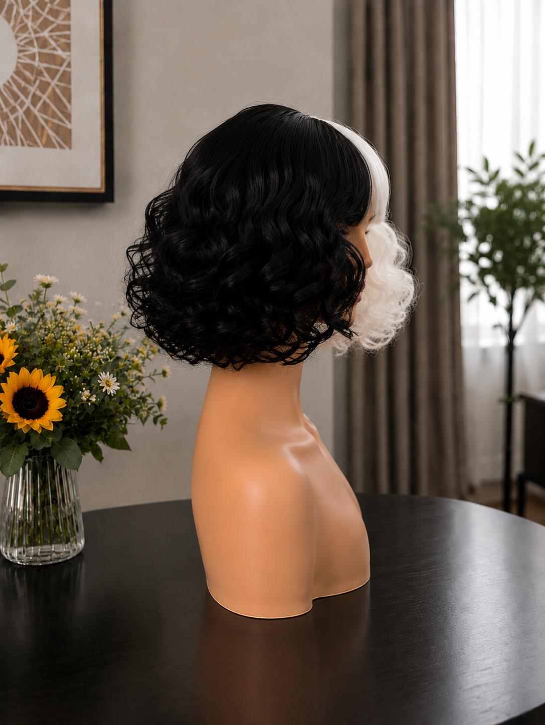 DeVille | Split Dye Black & White Curly Bob Wig