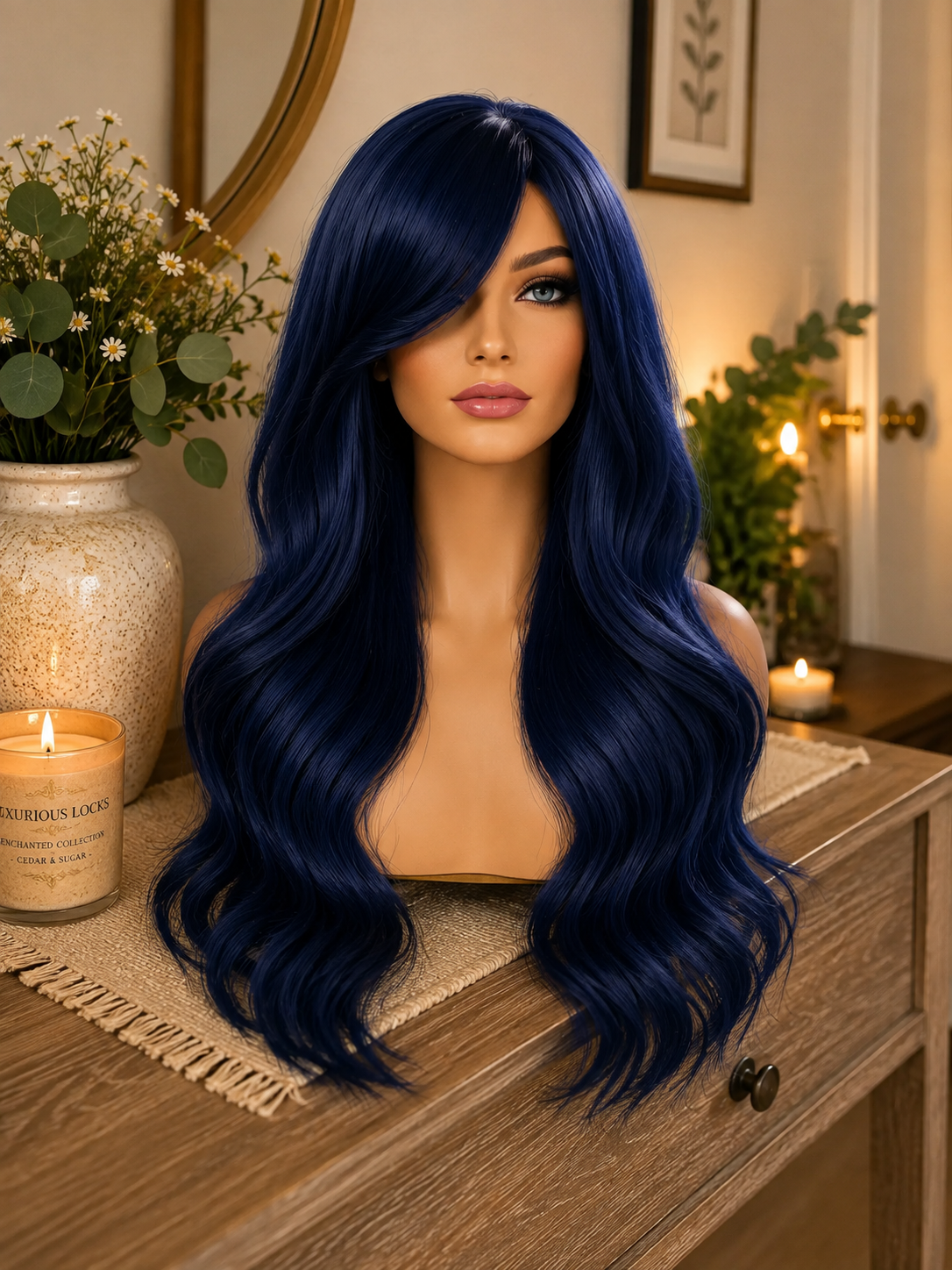 Navy Blitz | Long Navy Blue Wig with Curtain Bangs
